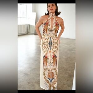 Chic Cream Backless Dress with Ornate Print